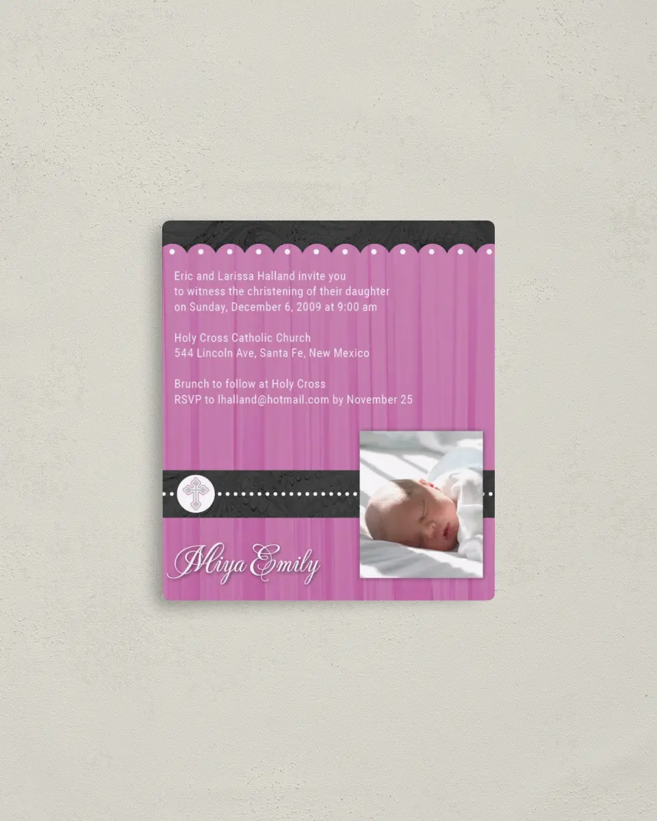 This is a 3½" x 4" Christening Invitation Magnet called Decorative Dots printed in full color with a Luxe Satin finish