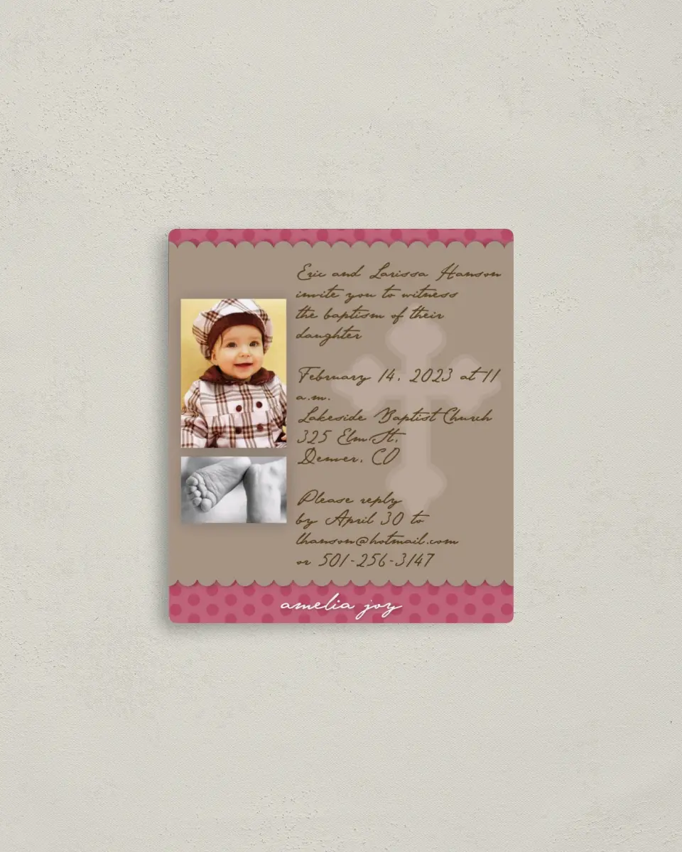 This is a 3½" x 4" Baptism Invitation Magnet called Translucent Cross printed in full color with a Luxe Satin finish