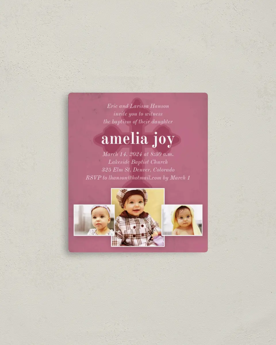 This is a 3½" x 4" Baptism Invitation Magnet called Effortless Sign printed in full color with a Luxe Satin finish