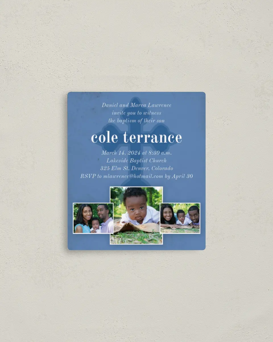 This is a 3½" x 4" Baptism Invitation Magnet called Effortless Sign printed in full color with a Luxe Satin finish