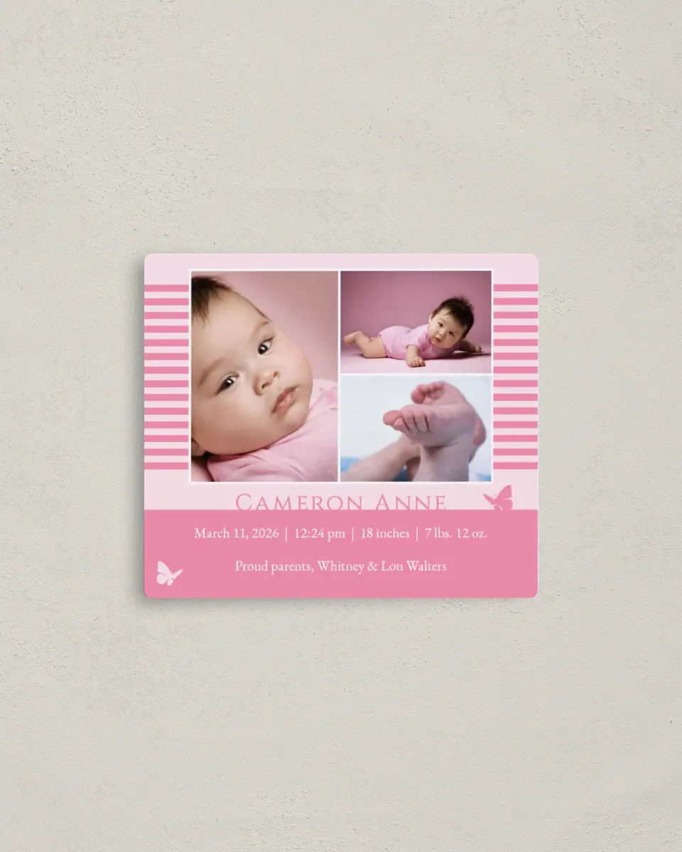 This is a 3½" x 4" Birth Announcement Magnet called Butterfly Baby printed in full color with a Luxe Satin finish