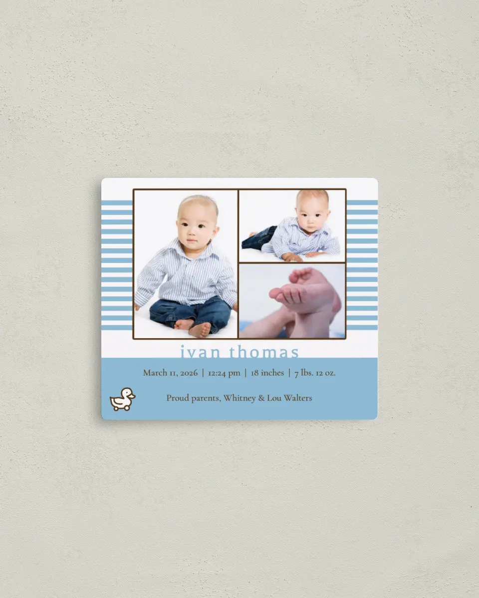 This is a 3½" x 4" Birth Announcement Magnet called Classic Ducky printed in full color with a Luxe Satin finish