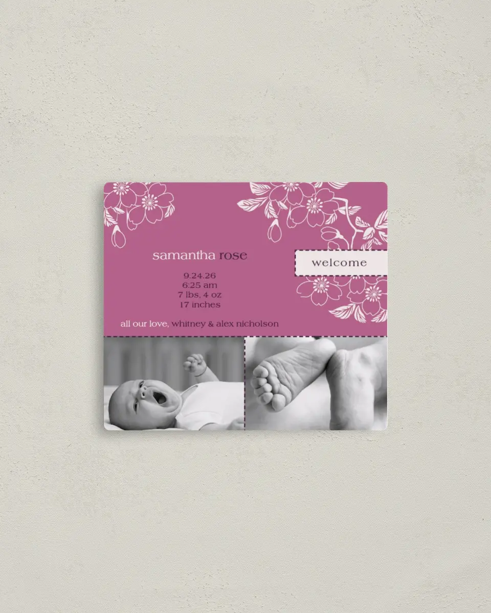 This is a 3½" x 4" Birth Announcement Magnet called Baby Girl Blossom printed in full color with a Luxe Satin finish
