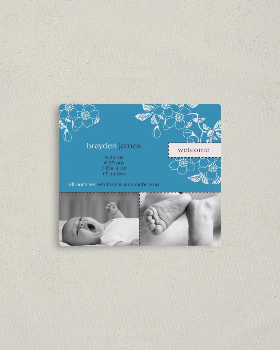 This is a 3½" x 4" Birth Announcement Magnet called Baby Boy Blossom printed in full color with a Luxe Satin finish