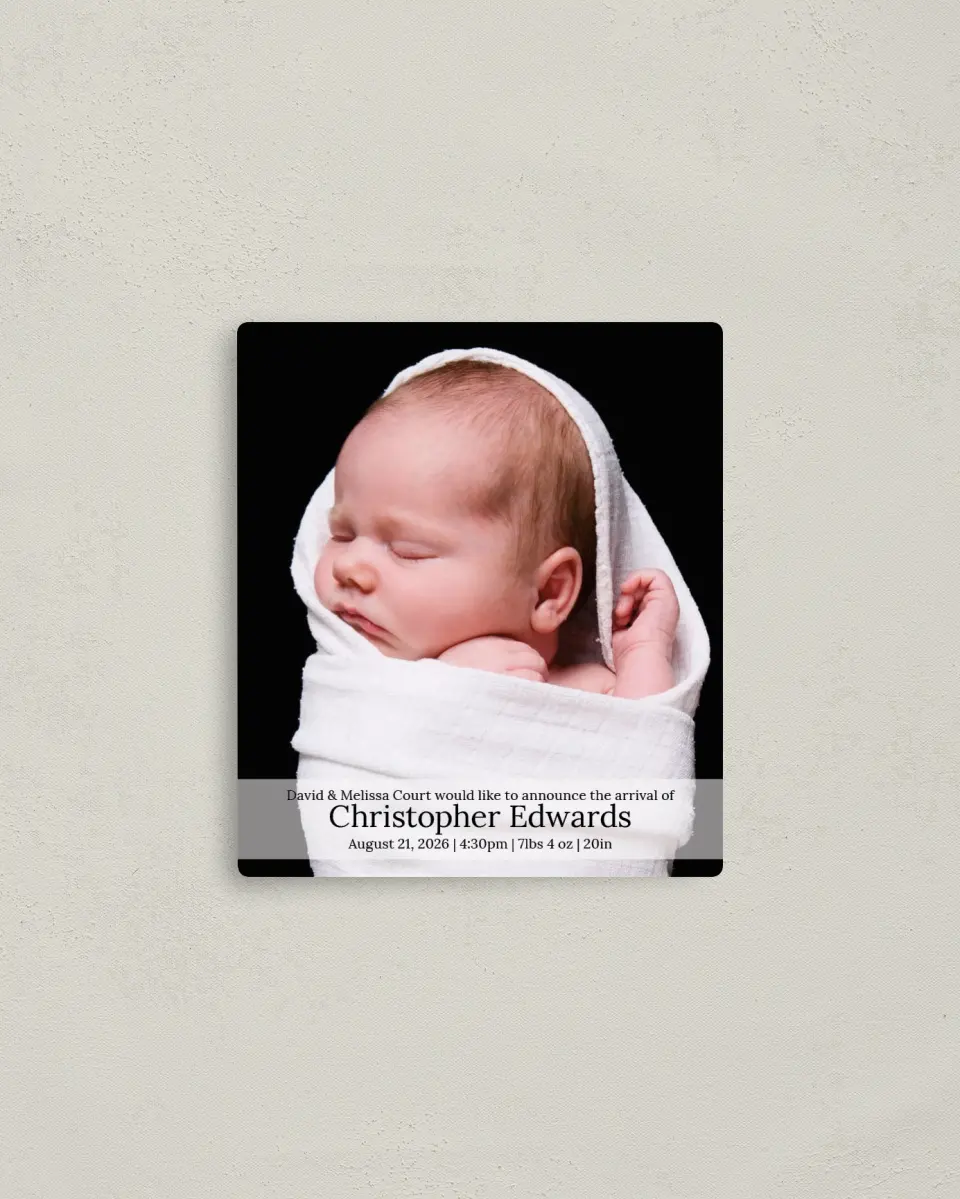 This is a 3½" x 4" Birth Announcement Magnet called Wrapped in Love printed in full color with a Luxe Satin finish
