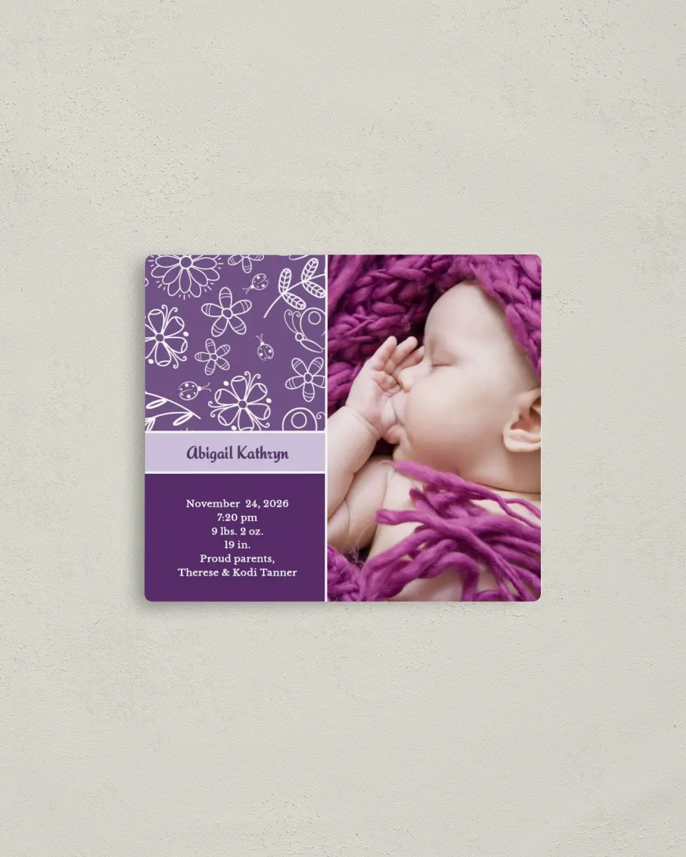 This is a 3½" x 4" Birth Announcement Magnet called Girly Girl printed in full color with a Luxe Satin finish