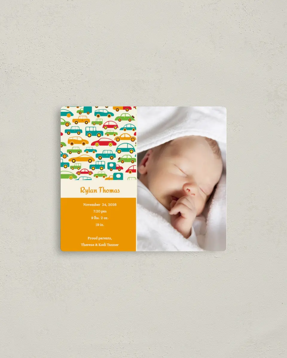 This is a 3½" x 4" Birth Announcement Magnet called Vroom, Vroom printed in full color with a Luxe Satin finish