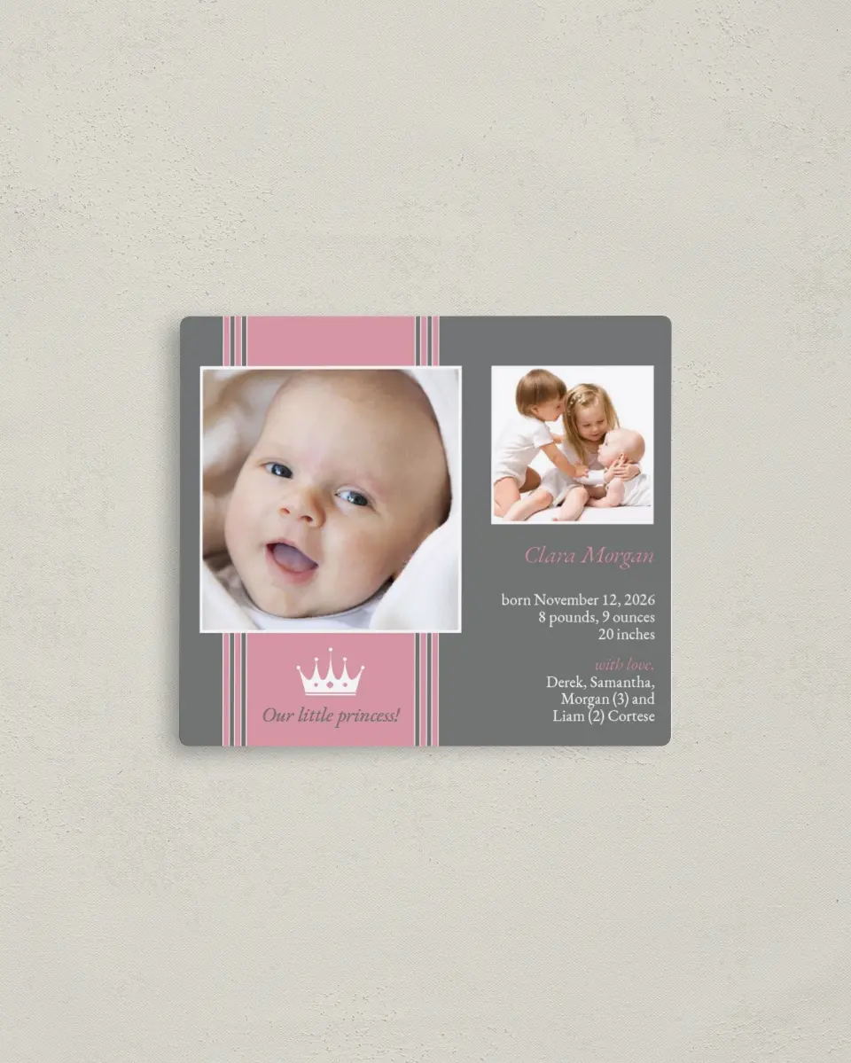This is a 3½" x 4" Birth Announcement Magnet called Our Little Princess printed in full color with a Luxe Satin finish