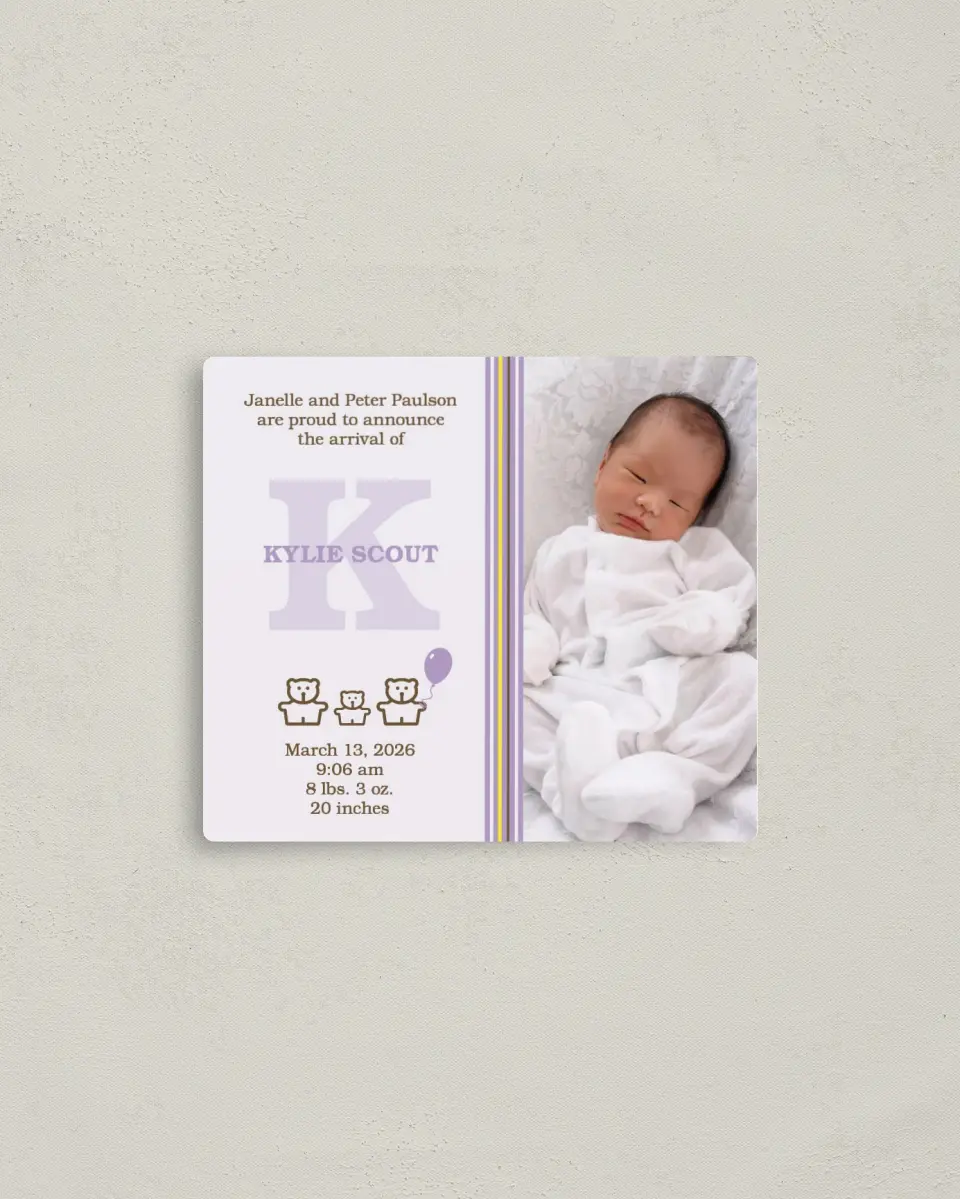 This is a 3½" x 4" Birth Announcement Magnet called Three Little Bears printed in full color with a Luxe Satin finish