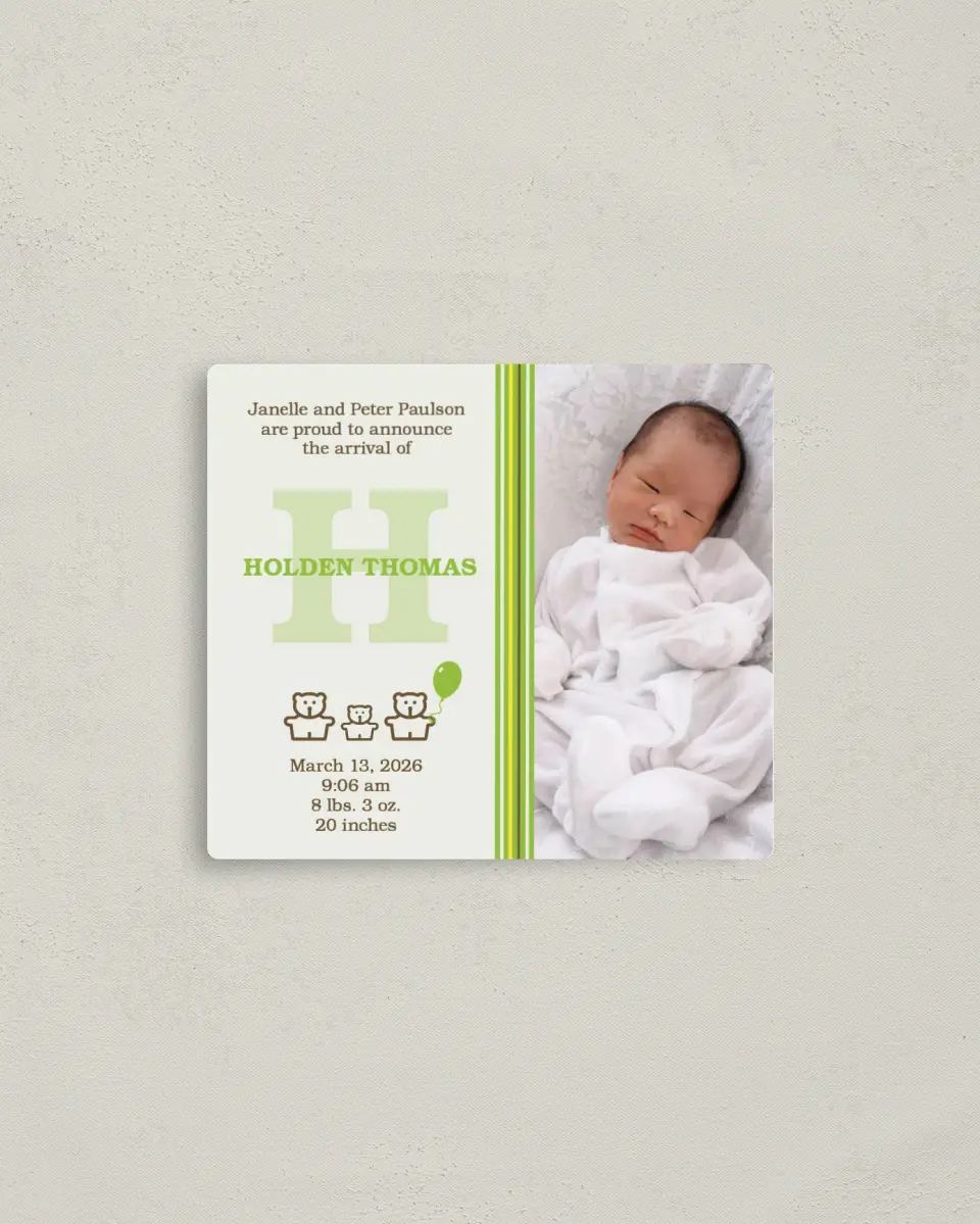 This is a 3½" x 4" Birth Announcement Magnet called Three Little Bears printed in full color with a Luxe Satin finish