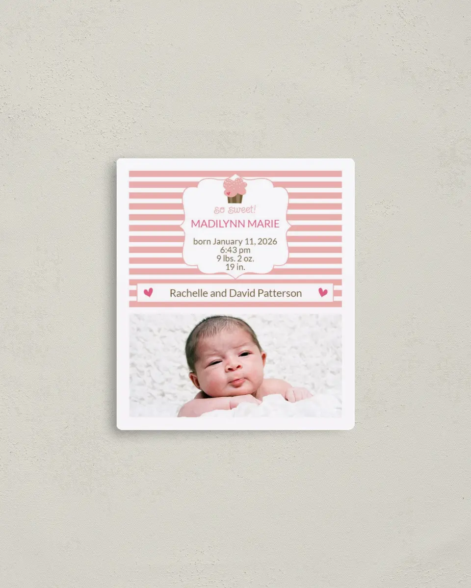 This is a 3½" x 4" Birth Announcement Magnet called So Sweet printed in full color with a Luxe Satin finish