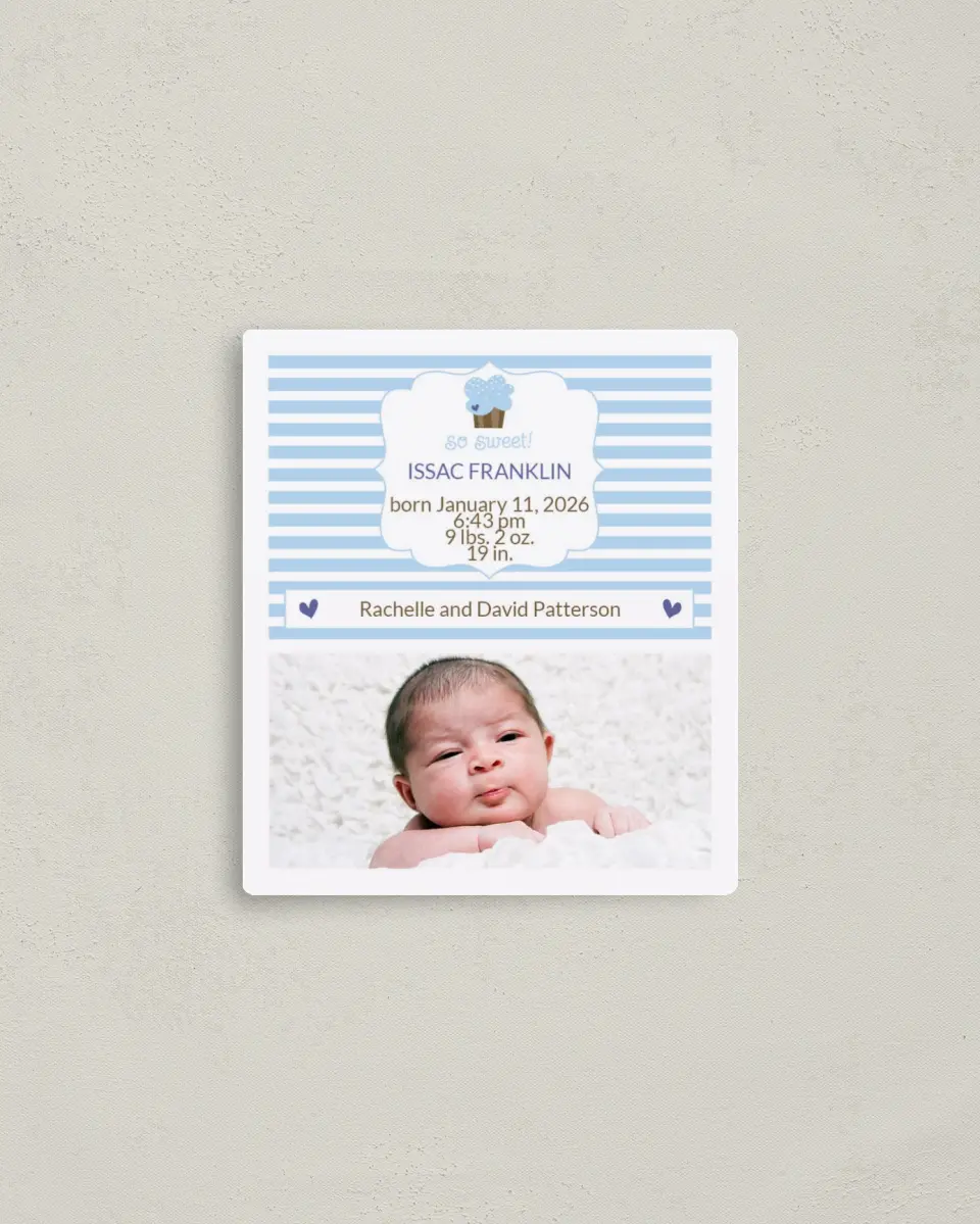 This is a 3½" x 4" Birth Announcement Magnet called So Sweet printed in full color with a Luxe Satin finish