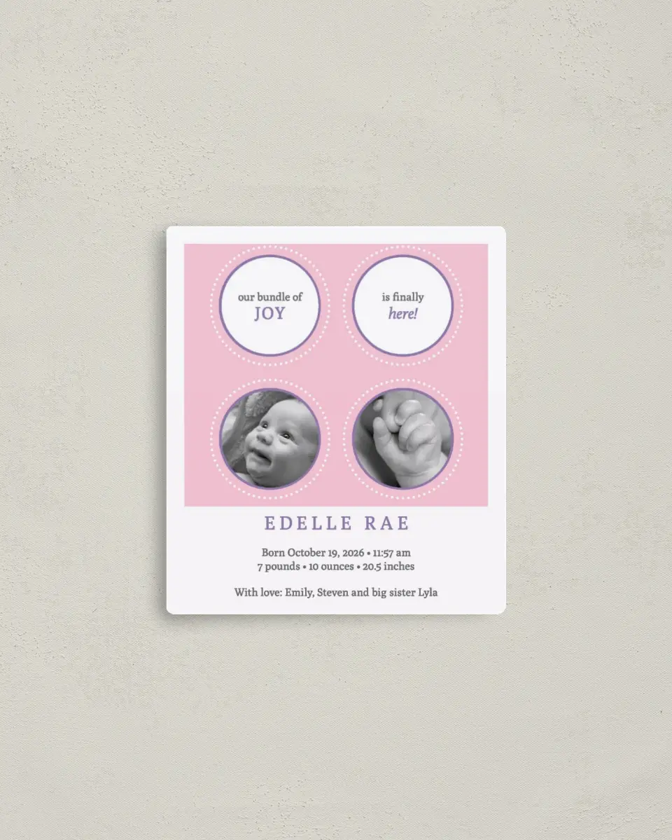 This is a 3½" x 4" Birth Announcement Magnet called Bundle of Joy printed in full color with a Luxe Satin finish
