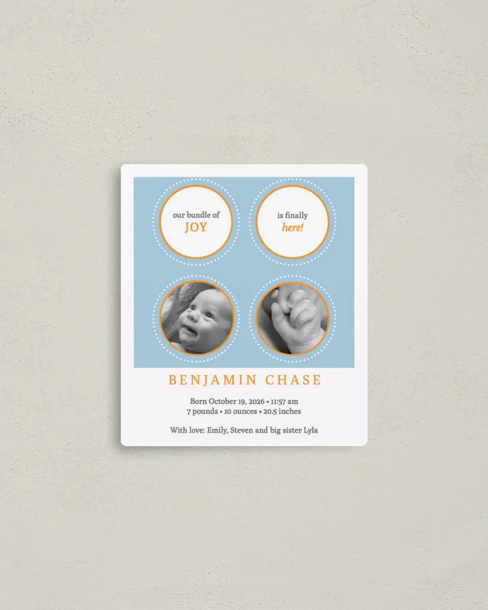 This is a 3½" x 4" Birth Announcement Magnet called Bundle of Joy printed in full color with a Luxe Satin finish