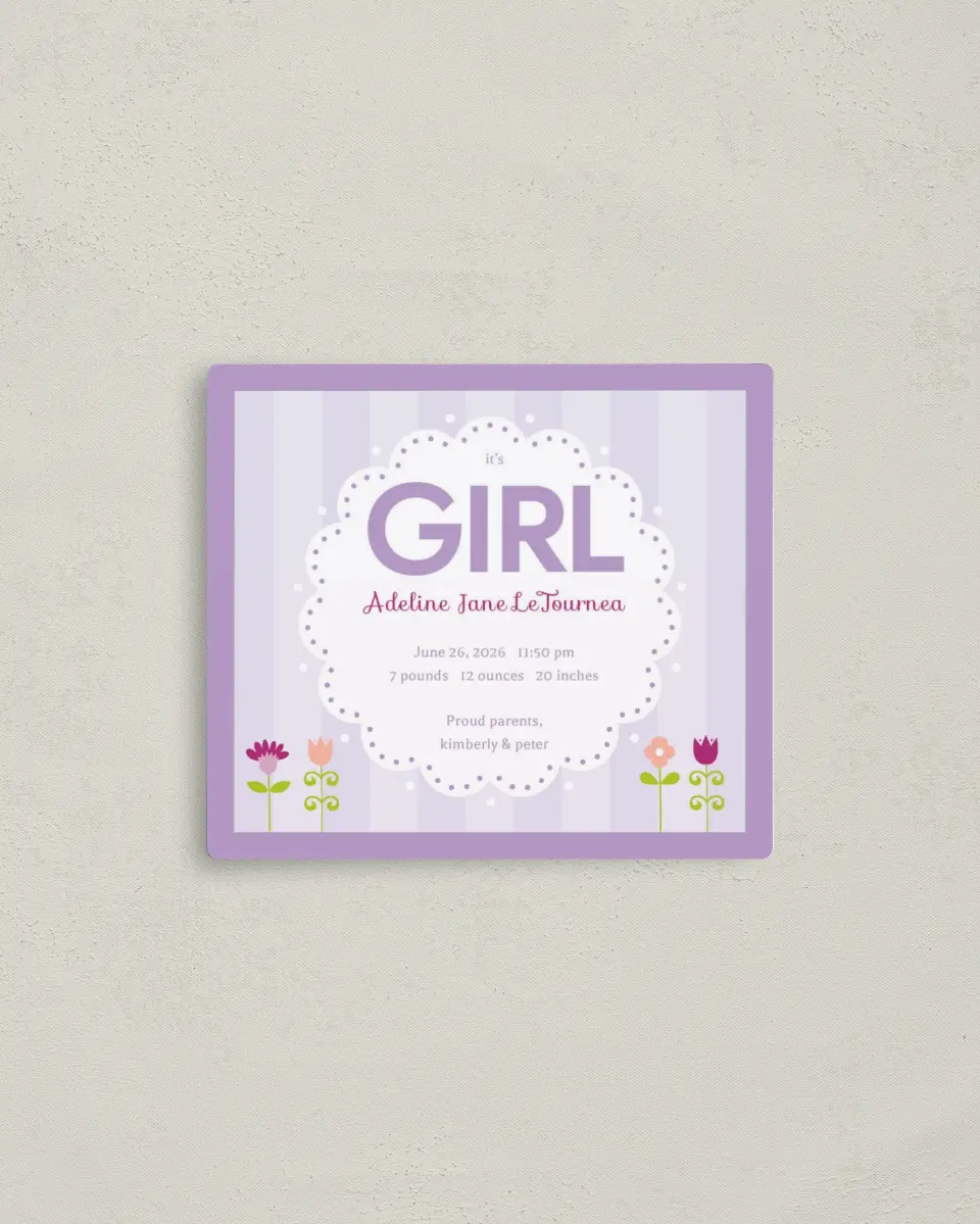 This is a 3½" x 4" Birth Announcement Magnet called It's A ... printed in full color with a Luxe Satin finish