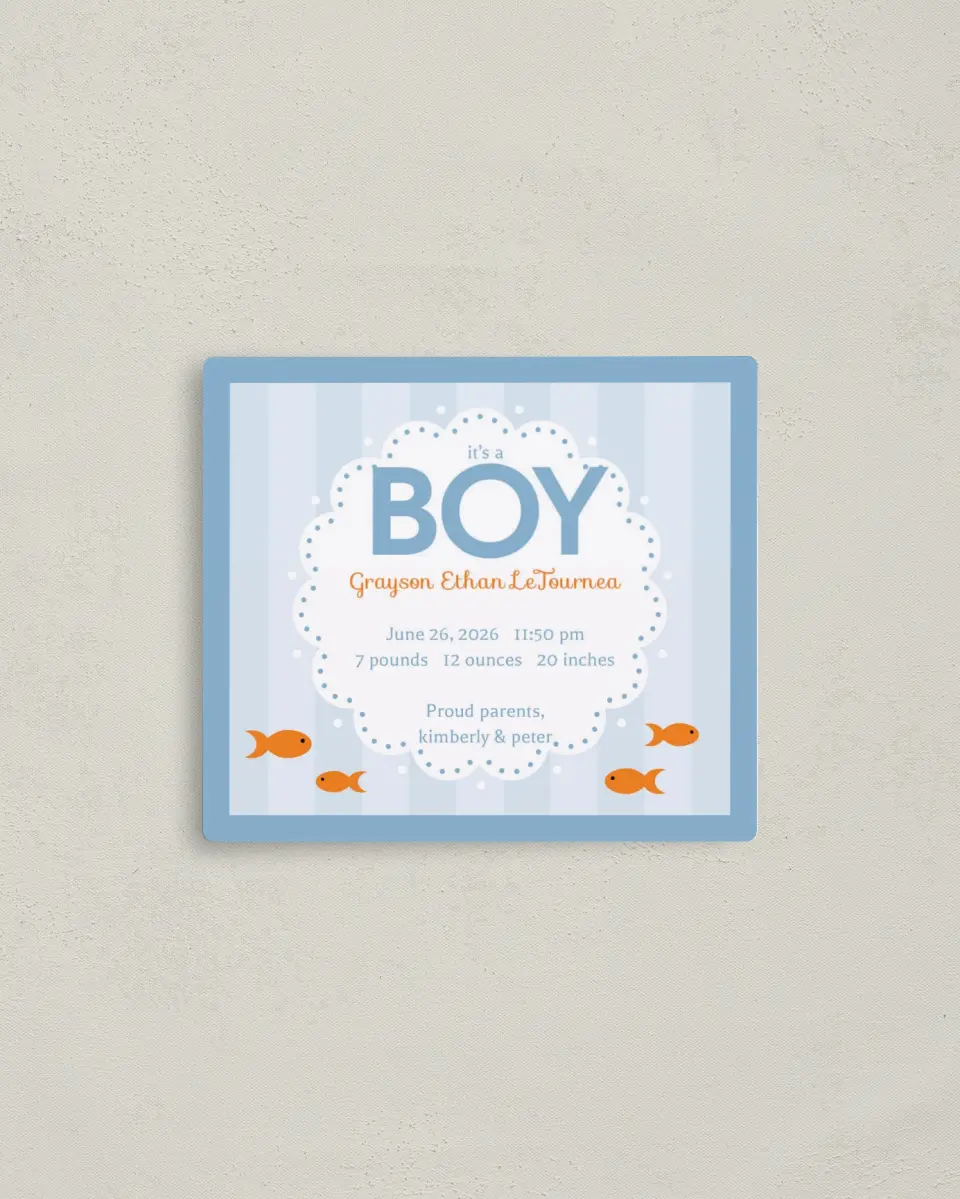 This is a 3½" x 4" Birth Announcement Magnet called It's A ... printed in full color with a Luxe Satin finish