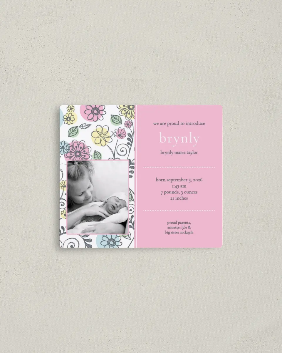This is a 3½" x 4" Birth Announcement Magnet called Floral Sketch printed in full color with a Luxe Satin finish