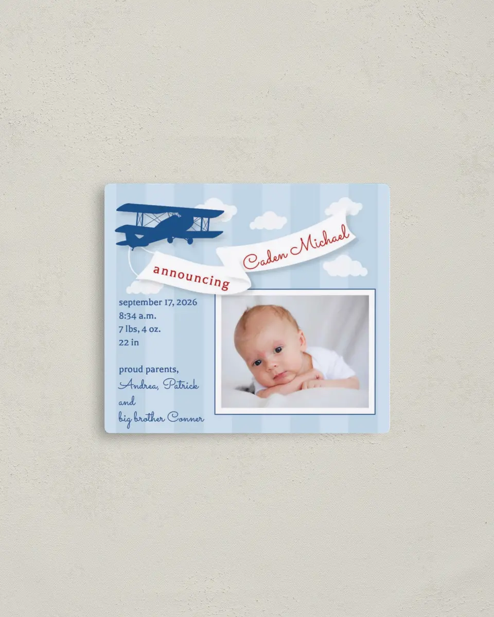 This is a 3½" x 4" Birth Announcement Magnet called Aerial Banner printed in full color with a Luxe Satin finish