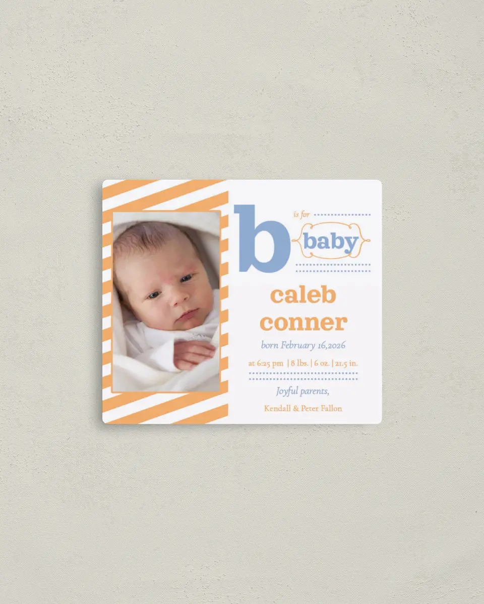 This is a 3½" x 4" Birth Announcement Magnet called B for Baby printed in full color with a Luxe Satin finish