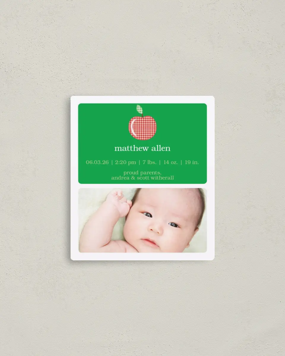 This is a 3½" x 4" Birth Announcement Magnet called Apple Seed printed in full color with a Luxe Satin finish
