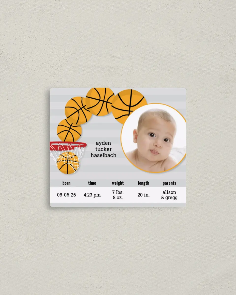 This is a 3½" x 4" Birth Announcement Magnet called Basket of Joy printed in full color with a Luxe Satin finish