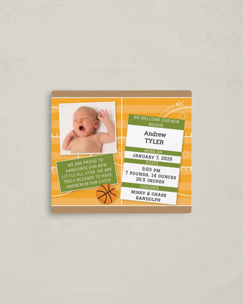 This is a 3½" x 4" Birth Announcement Magnet called Baby Rookie printed in full color with a Luxe Satin finish