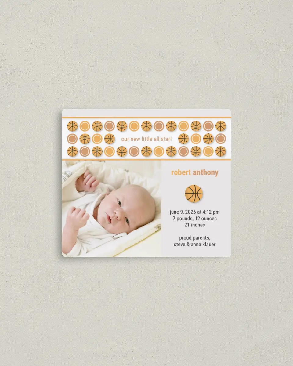 This is a 3½" x 4" Birth Announcement Magnet called Little All Star printed in full color with a Luxe Satin finish