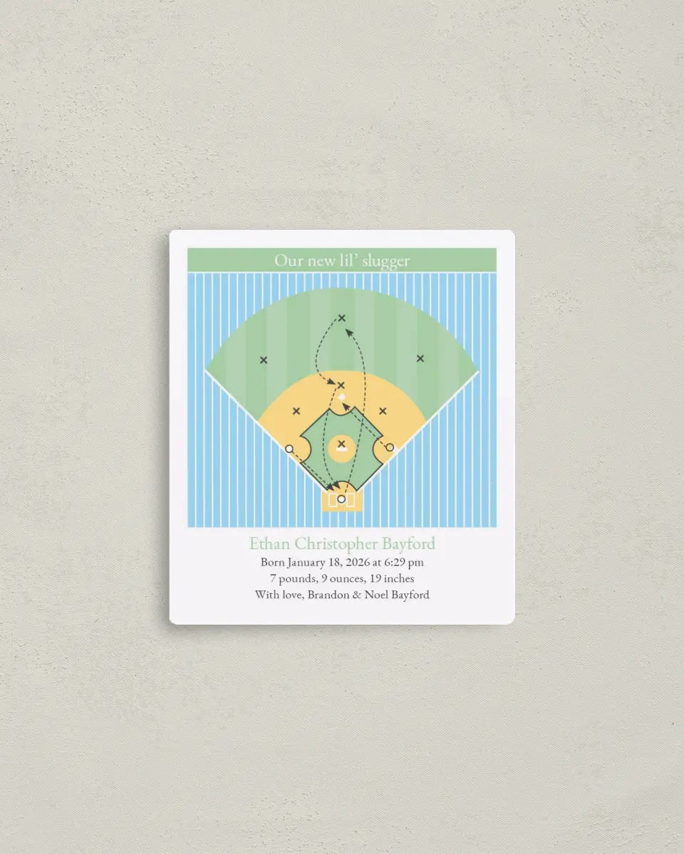 This is a 3½" x 4" Birth Announcement Magnet called Child's Play printed in full color with a Luxe Satin finish