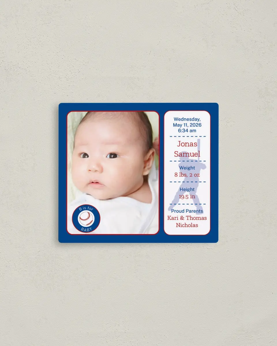 This is a 3½" x 4" Birth Announcement Magnet called Baby Bio printed in full color with a Luxe Satin finish
