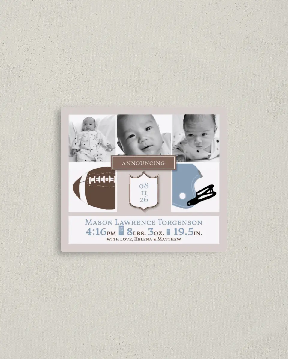 This is a 3½" x 4" Birth Announcement Magnet called Darling Debut printed in full color with a Luxe Satin finish
