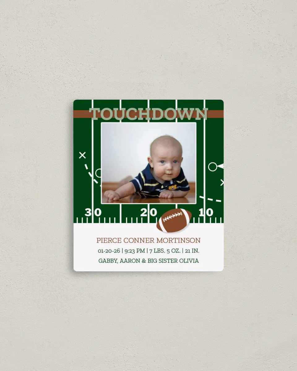 This is a 3½" x 4" Birth Announcement Magnet called Ready to Rumble printed in full color with a Luxe Satin finish