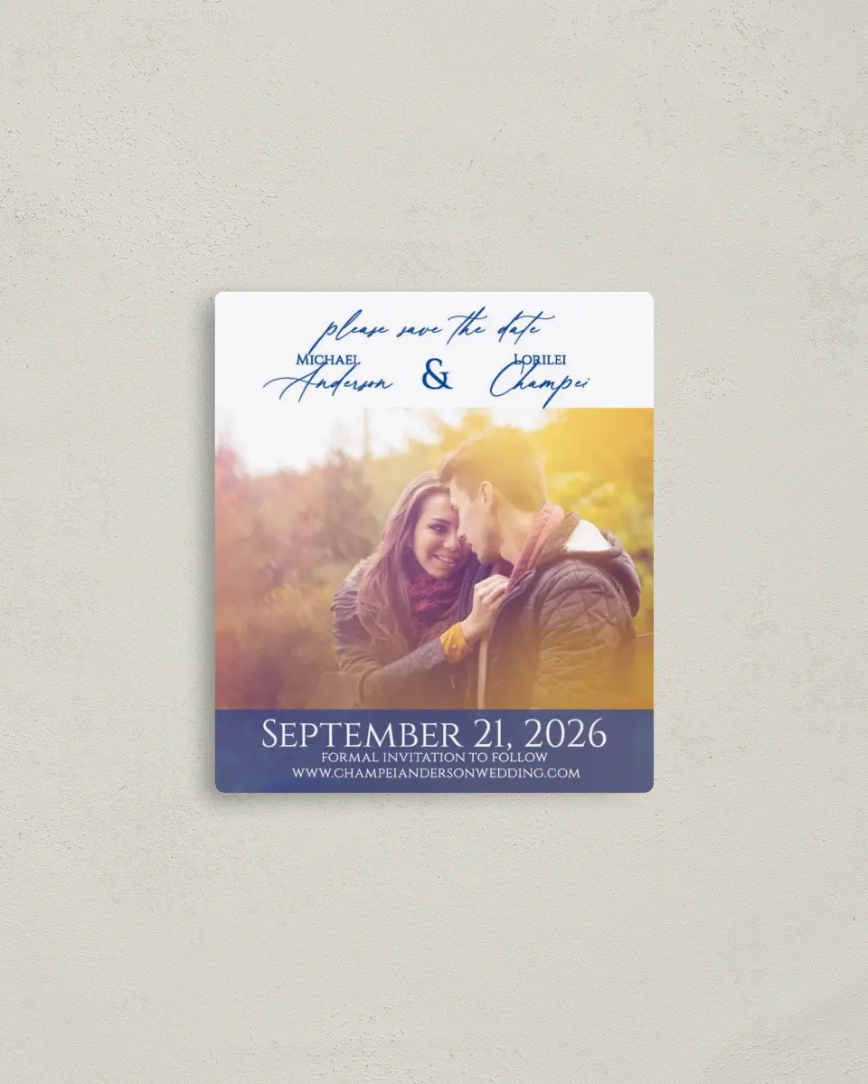 This is a 3½" x 4" Save the Date Magnet called Classic Kiss printed in full color with a Luxe Satin finish