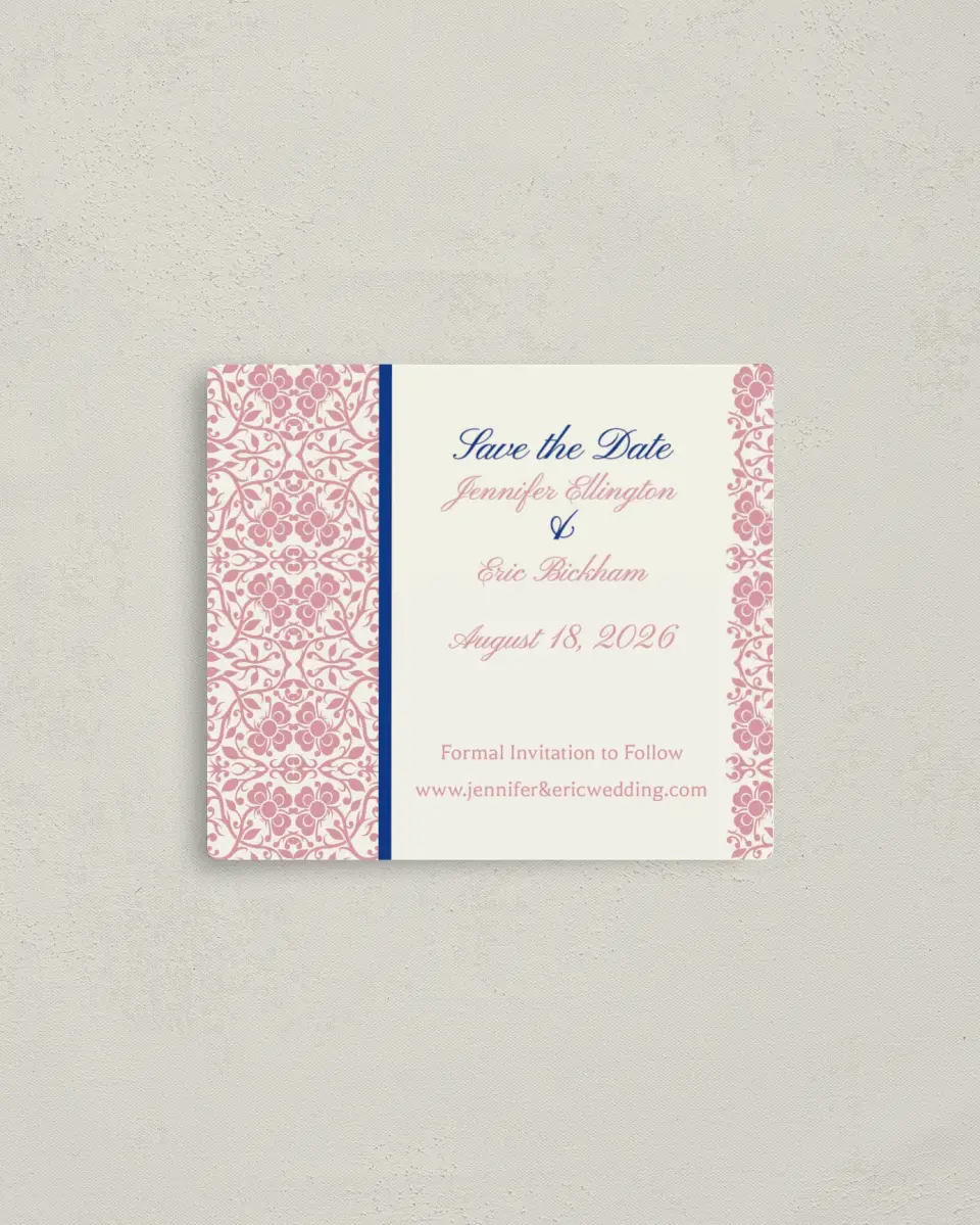 This is a 3½" x 4" Save the Date Magnet called Floral Ornament printed in full color with a Luxe Satin finish