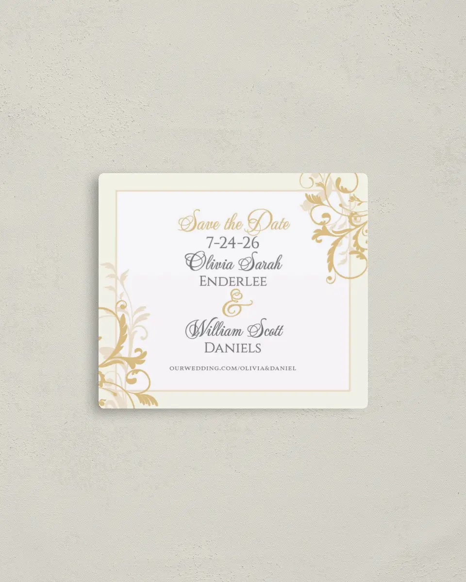 This is a 3½" x 4" Save the Date Magnet called Classic Allure printed in full color with a Luxe Satin finish