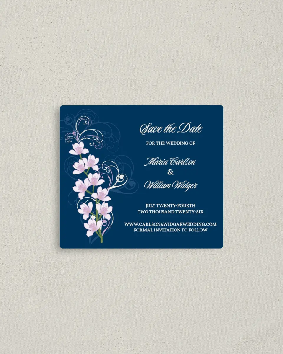 This is a 3½" x 4" Save the Date Magnet called Waking Beauty printed in full color with a Luxe Satin finish