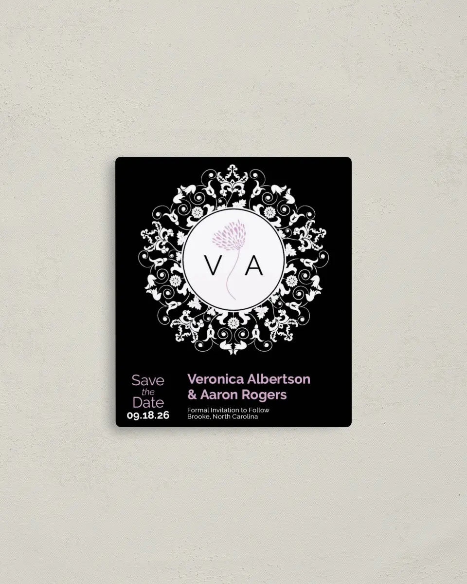 This is a 3½" x 4" Save the Date Magnet called Beautiful and Bold printed in full color with a Luxe Satin finish