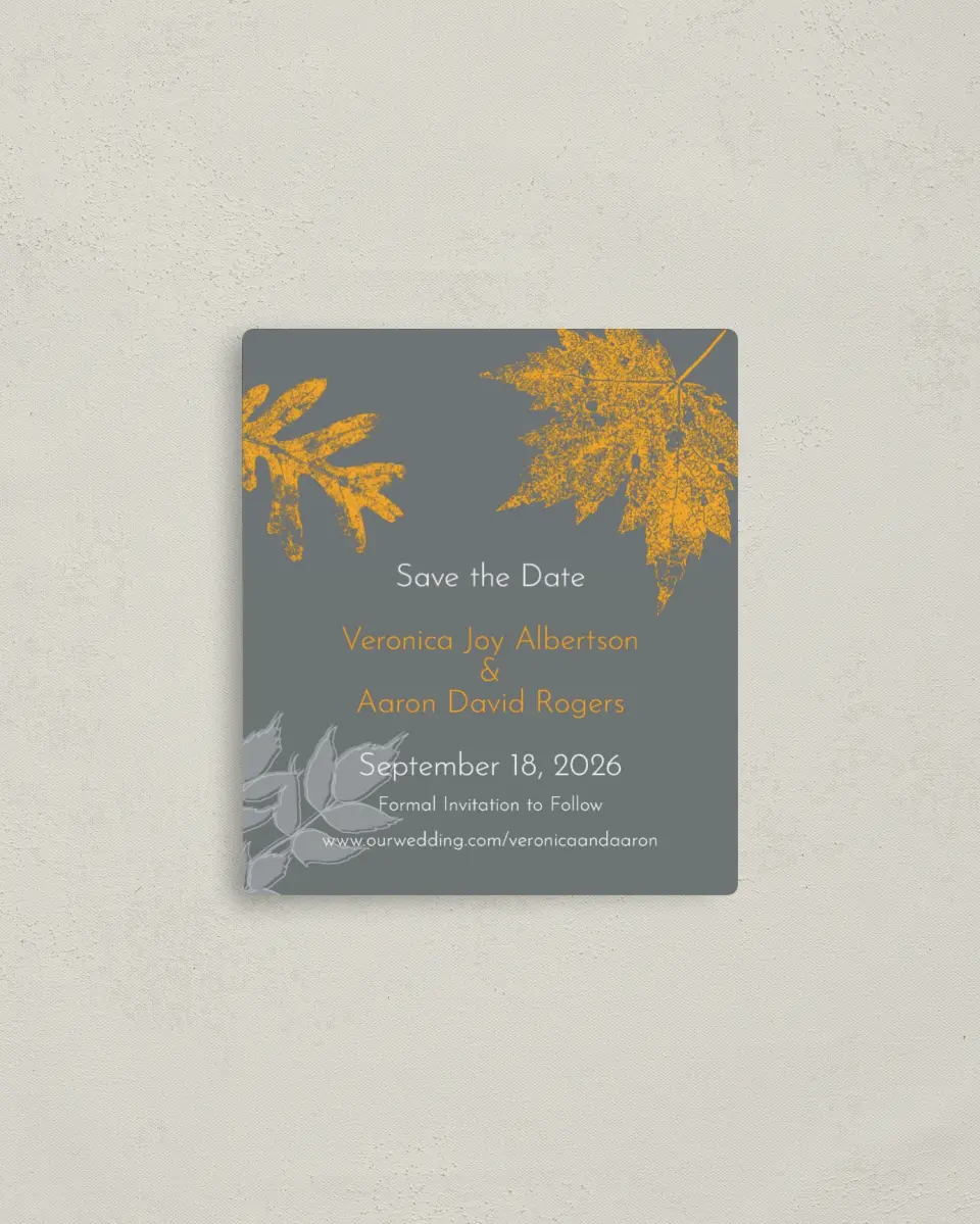 This is a 3½" x 4" Save the Date Magnet called Autumn Stamp printed in full color with a Luxe Satin finish