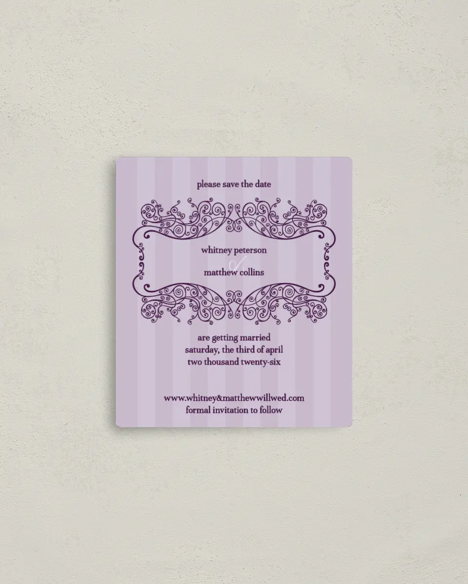 This is a 3½" x 4" Save the Date Magnet called Lovely Lavender printed in full color with a Luxe Satin finish