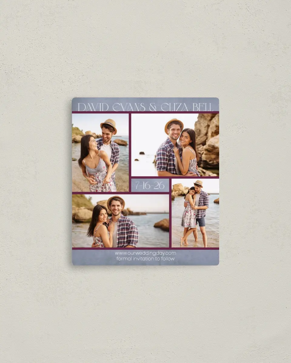 This is a 3½" x 4" Save the Date Magnet called Fetching Frames printed in full color with a Luxe Satin finish