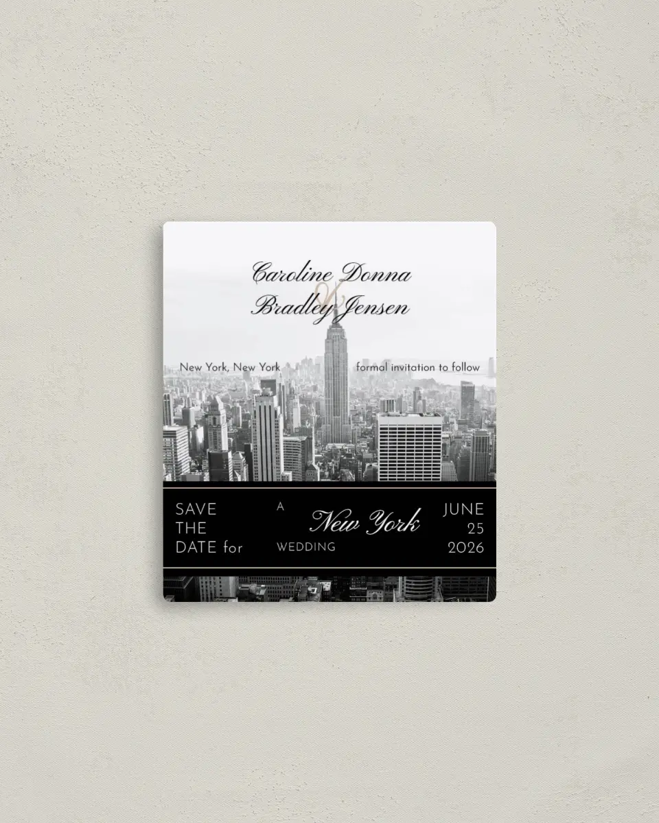 This is a 3½" x 4" Save the Date Magnet called Classic New York printed in full color with a Luxe Satin finish