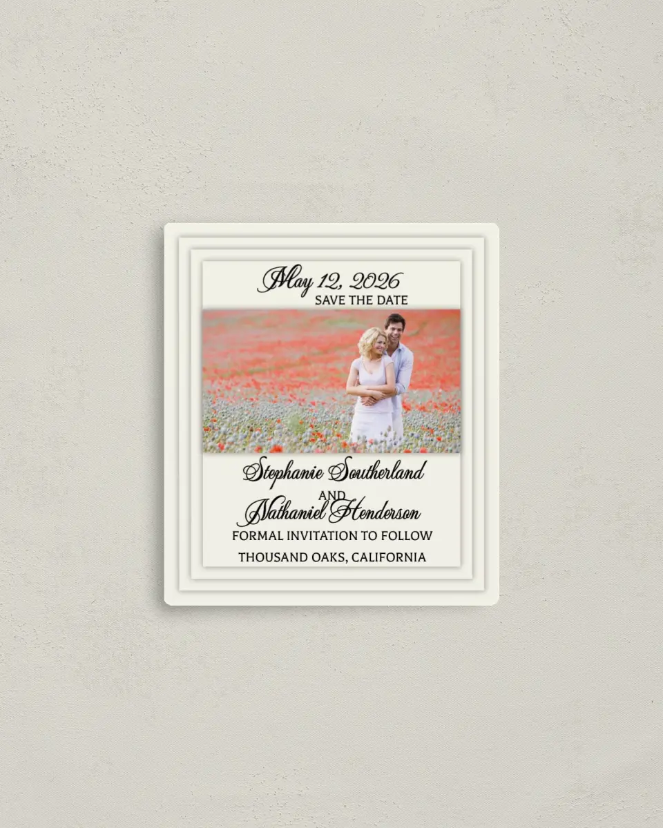 This is a 3½" x 4" Save the Date Magnet called Classic Elegance printed in full color with a Luxe Satin finish