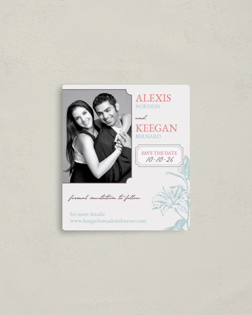 This is a 3½" x 4" Save the Date Magnet called Honey Blossoms printed in full color with a Luxe Satin finish
