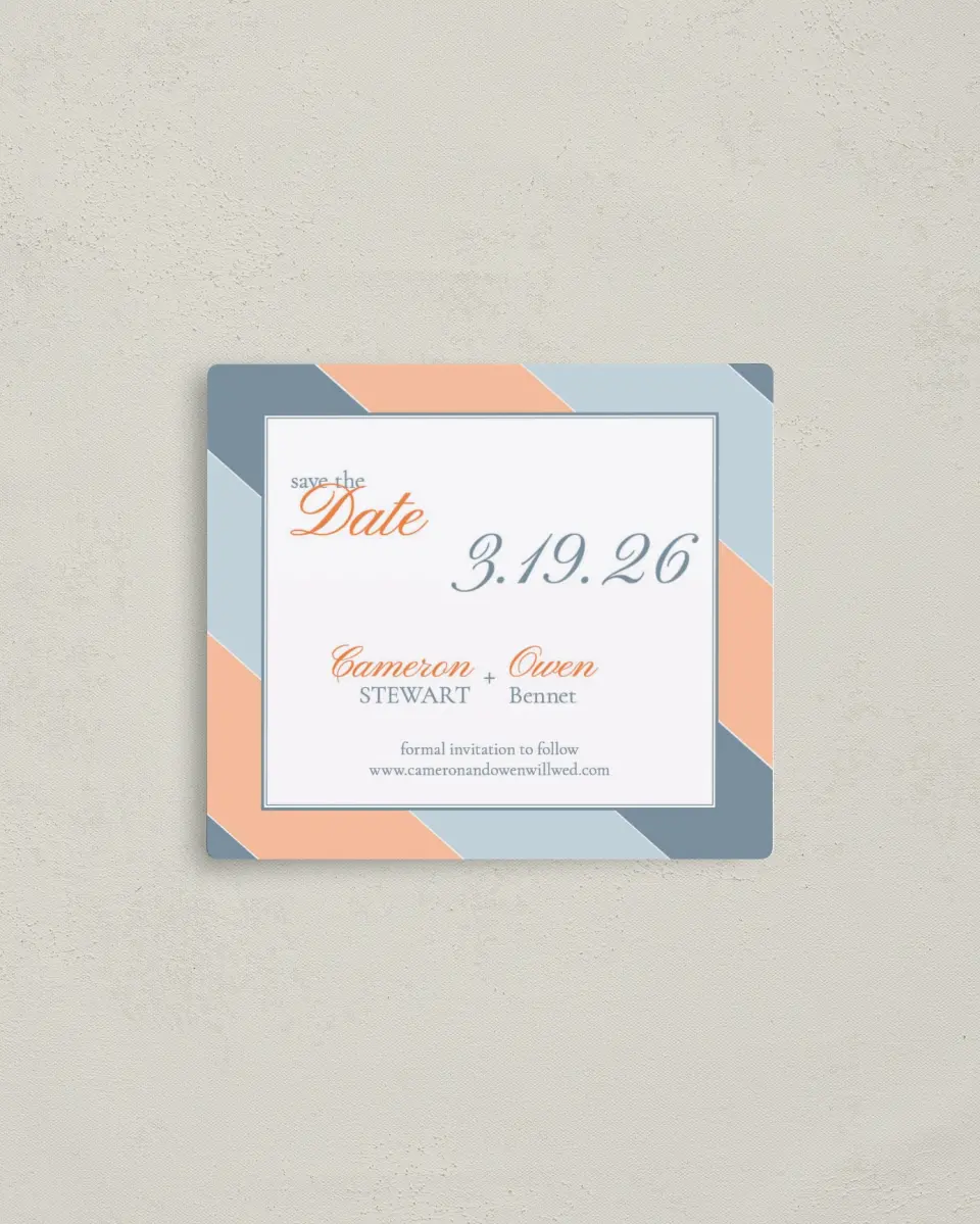 This is a 3½" x 4" Save the Date Magnet called Sassy Stripes printed in full color with a Luxe Satin finish