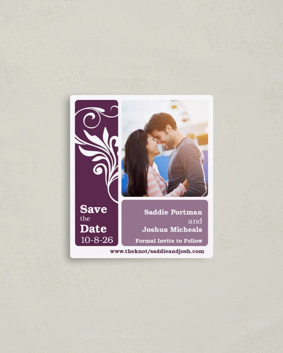 This is a 3½" x 4" Save the Date Magnet called Alluring Affection printed in full color with a Luxe Satin finish