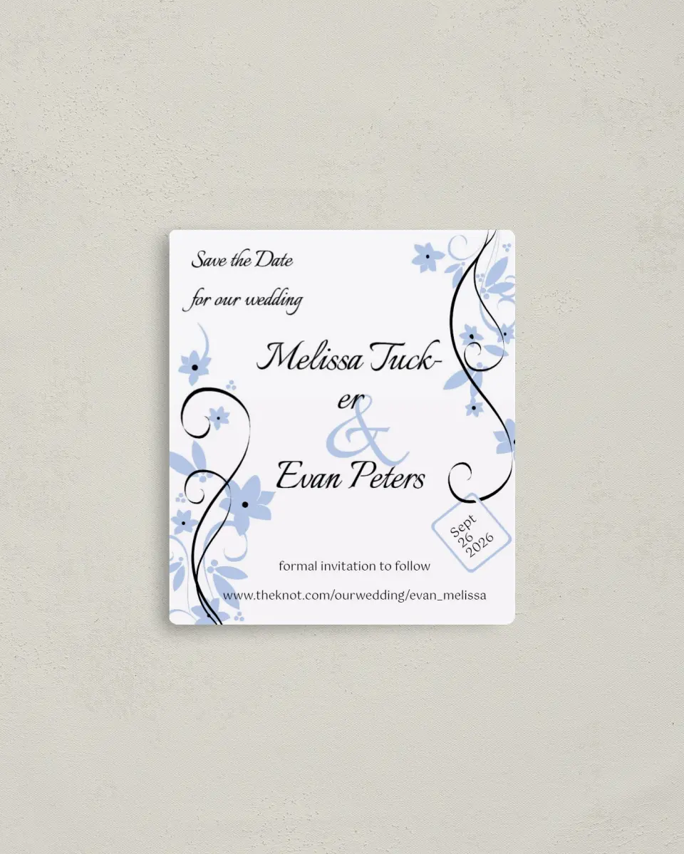 This is a 3½" x 4" Save the Date Magnet called Floral Flourish printed in full color with a Luxe Satin finish