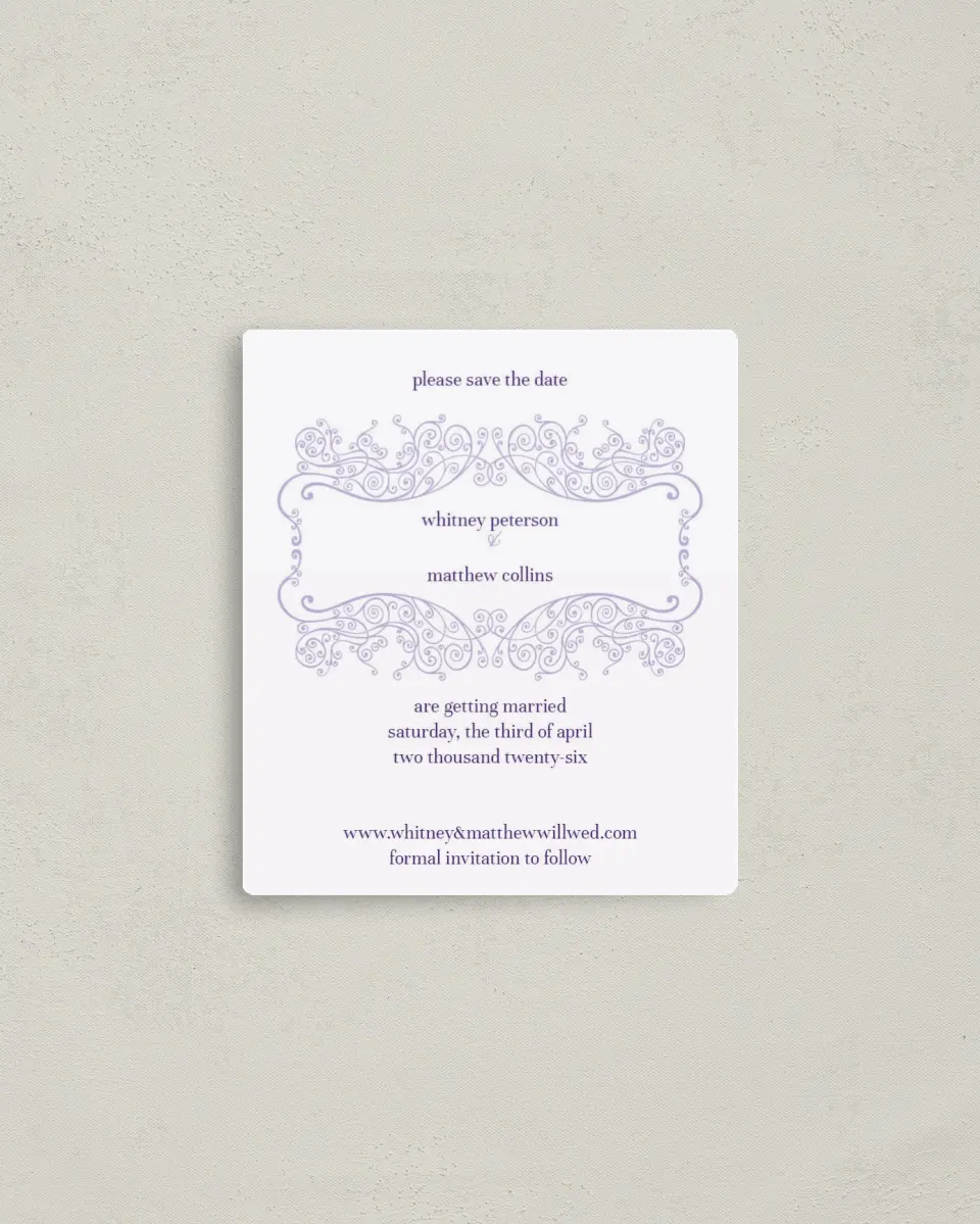 This is a 3½" x 4" Save the Date Magnet called Charming Lavender printed in full color with a Luxe Satin finish