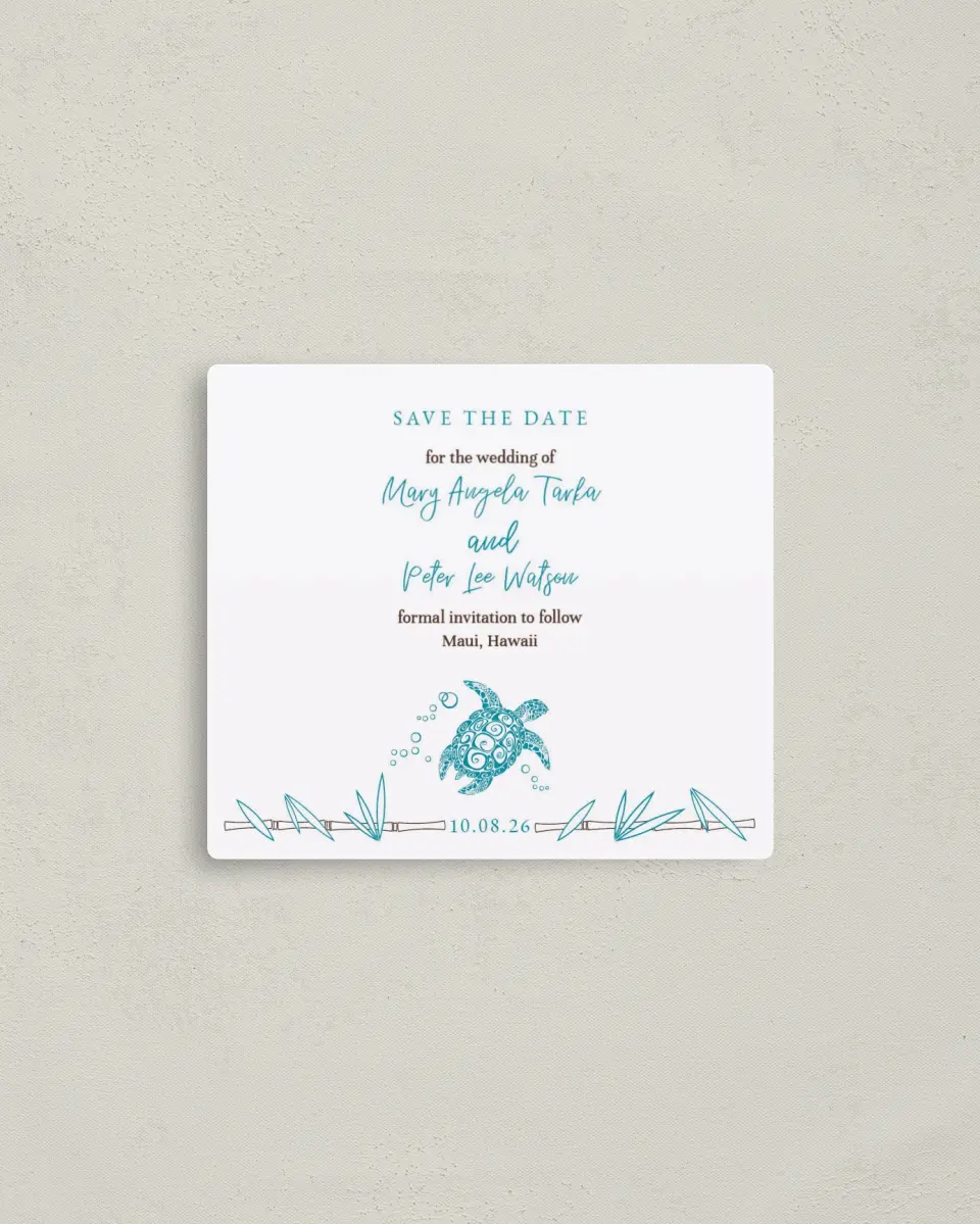 This is a 3½" x 4" Save the Date Magnet called Hawaiian Turtle printed in full color with a Luxe Satin finish