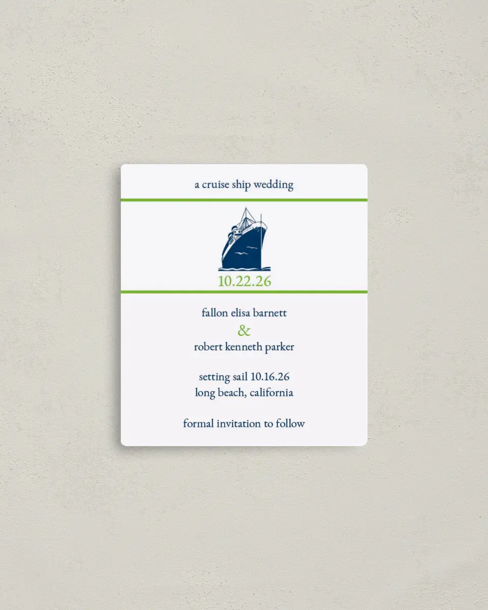 This is a 3½" x 4" Save the Date Magnet called Harmony Cruise printed in full color with a Luxe Satin finish