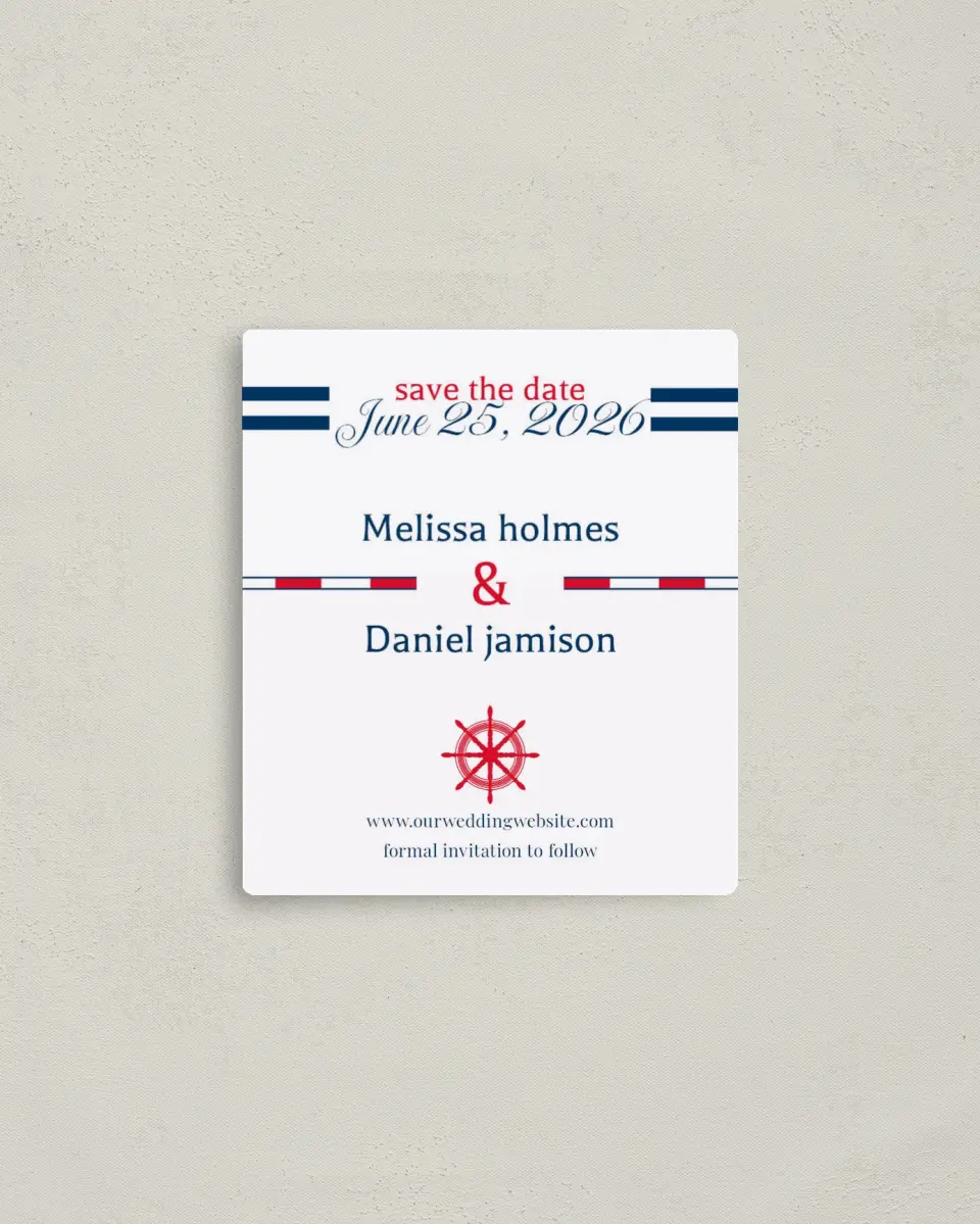 This is a 3½" x 4" Save the Date Magnet called Nautical Feelings printed in full color with a Luxe Satin finish