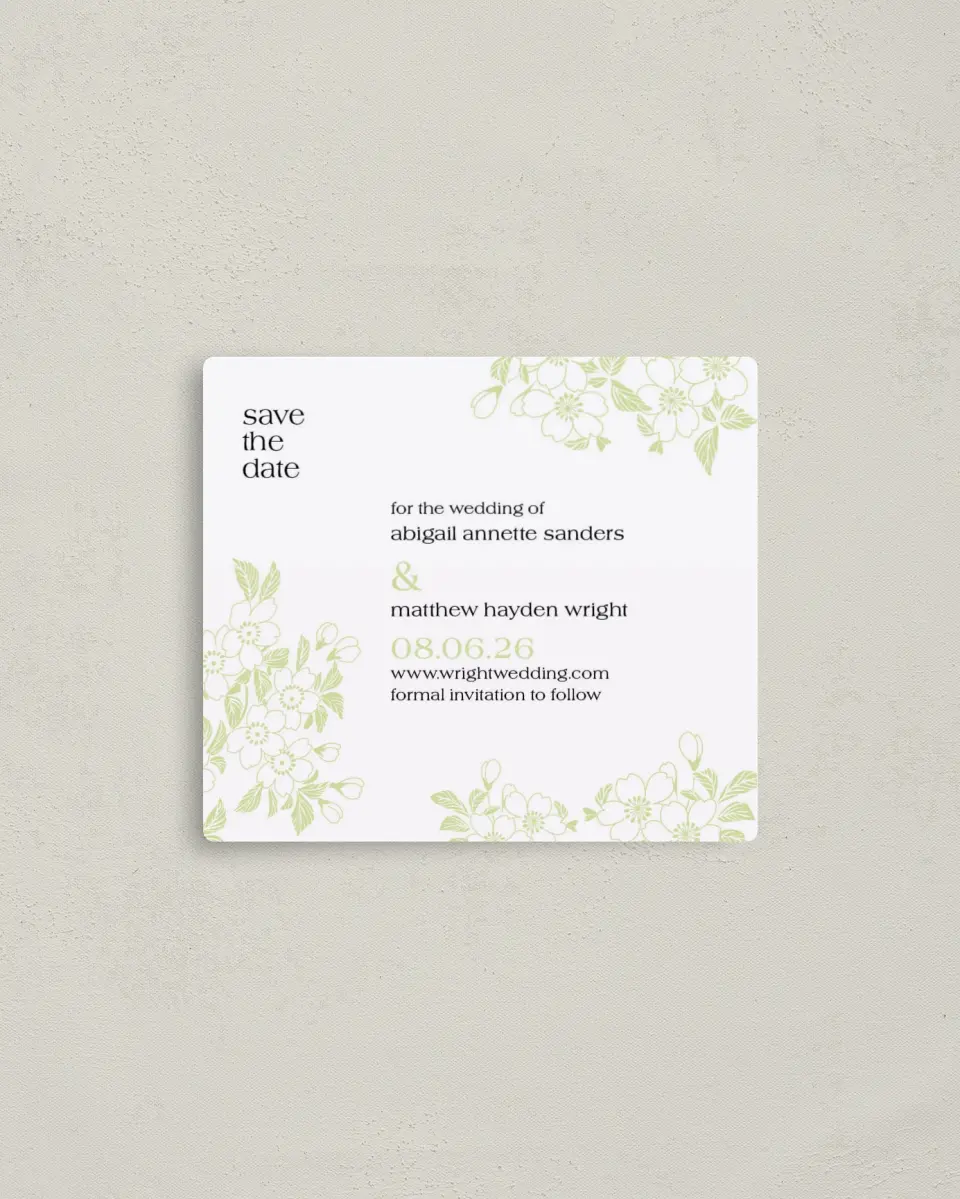 This is a 3½" x 4" Save the Date Magnet called Lovely Blossoms printed in full color with a Luxe Satin finish